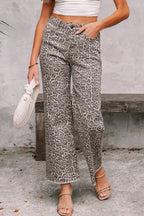 Brown Leopard Frayed Edge Wide Leg High Waist Jeans