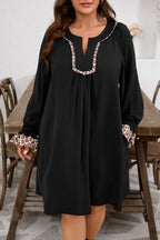 Black Plus Size Notched Neck Leopard Trim Flounce Long Sleeve Shift Dress
