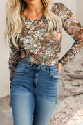 LDC Floral Print Mesh Fitted Long Sleeve Top