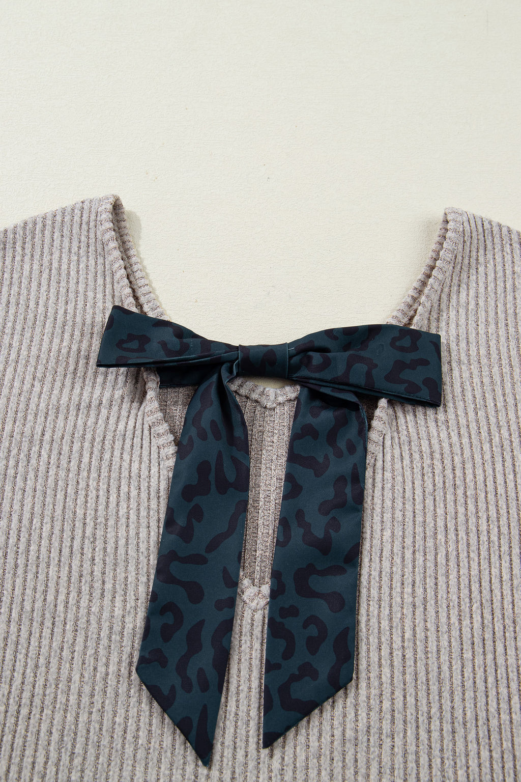 Simply Taupe Ribbed V Neck Contrast Ribbon Bow Back Drop Shoulder Long Sleeve Top