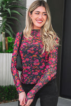 Rose Slim Fit Floral Mesh Long Sleeve Mock Neck Top