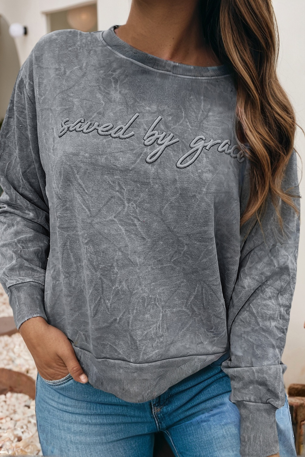 LDC Letter Embroidery Mineral Wash Loose Sweatshirt | S-4X