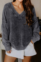 Black Mineral Wash V Neck Knit Exposed Seam Drop Shoulder Loose Sweater