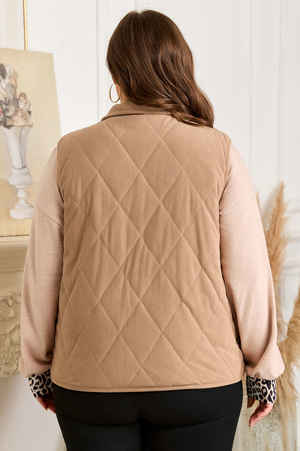 Camel Plus Size Quilted Cord Snap Button Vest Jacket