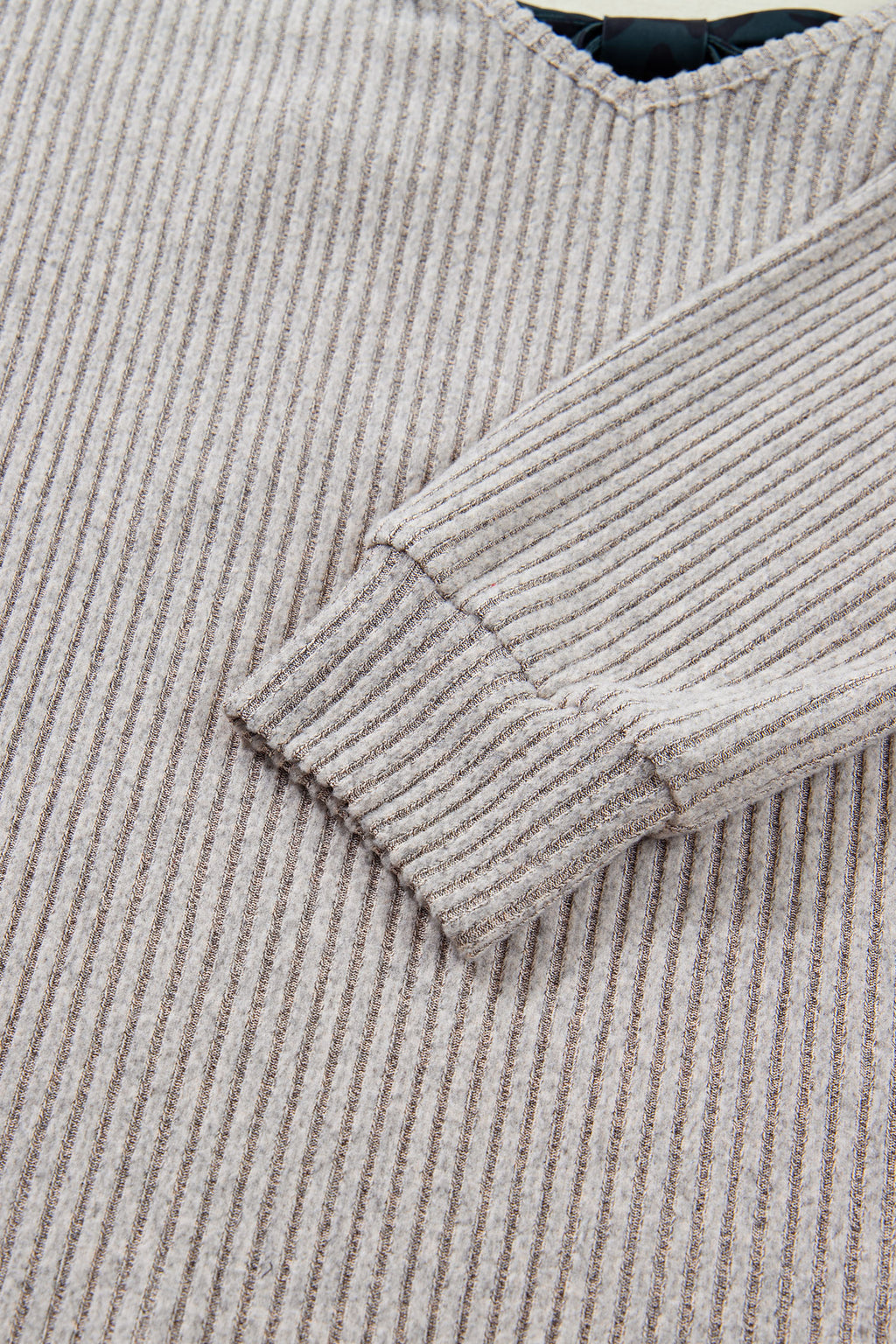 Simply Taupe Ribbed V Neck Contrast Ribbon Bow Back Drop Shoulder Long Sleeve Top