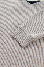 Simply Taupe Ribbed V Neck Contrast Ribbon Bow Back Drop Shoulder Long Sleeve Top