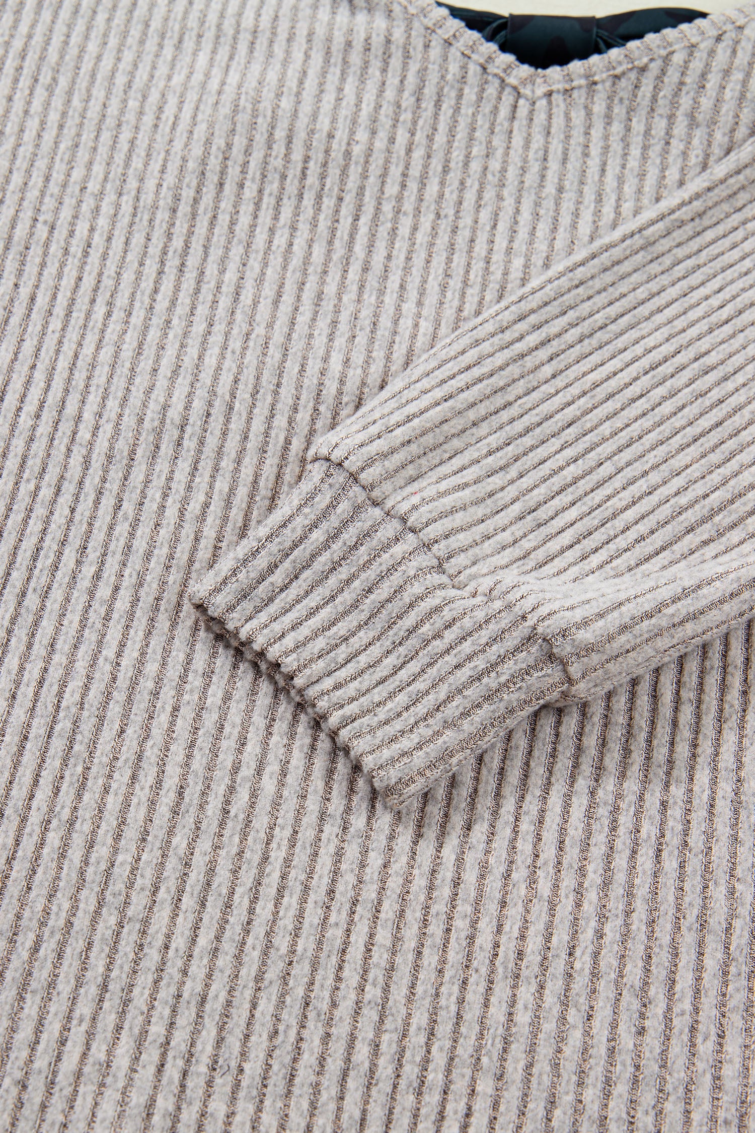 Simply Taupe Ribbed V Neck Contrast Ribbon Bow Back Drop Shoulder Long Sleeve Top