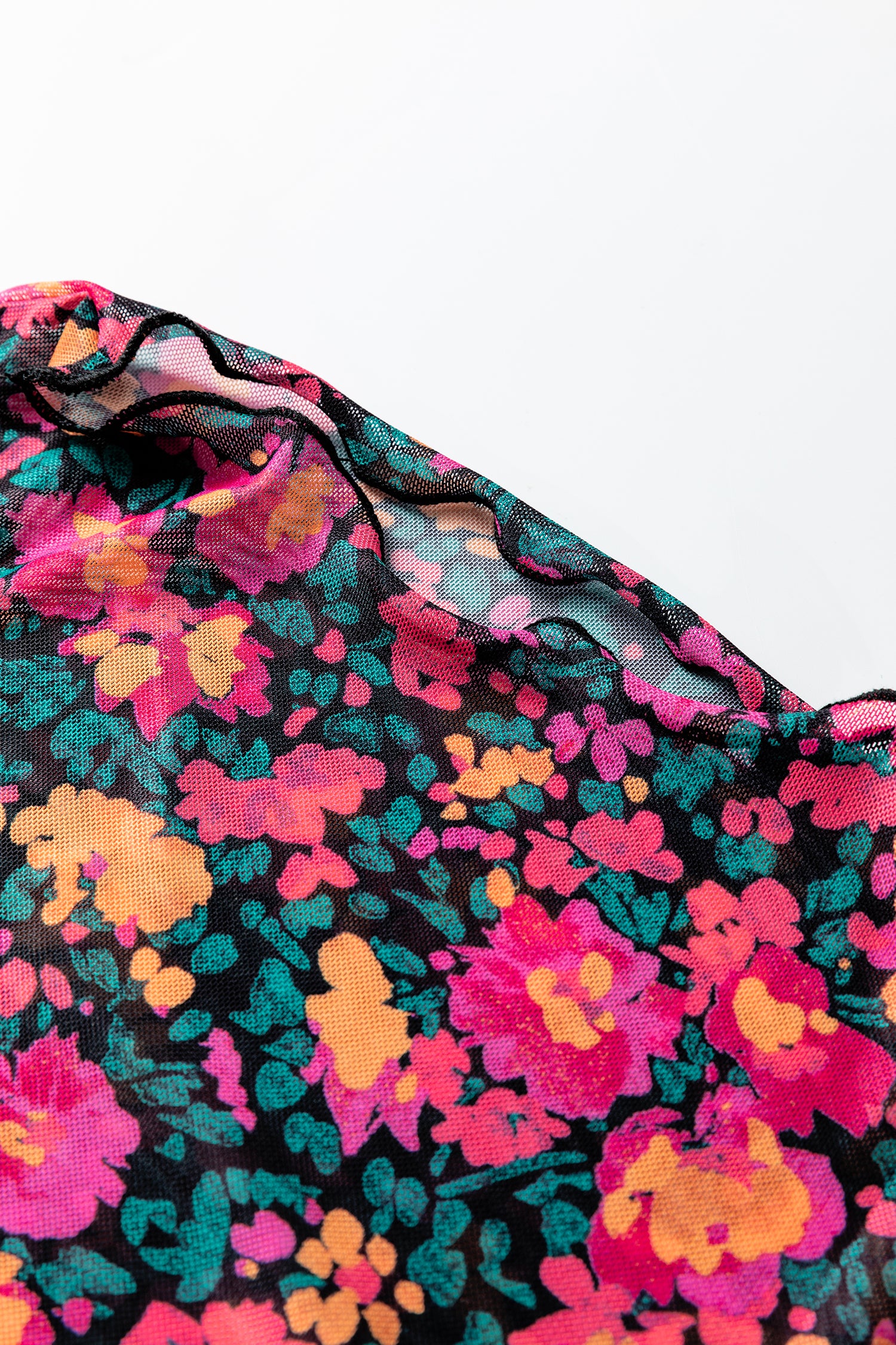 Rose Slim Fit Floral Mesh Long Sleeve Mock Neck Top