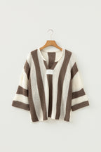 Brown Stripe Colorblock V Neck Bracelet Sleeve Sweater