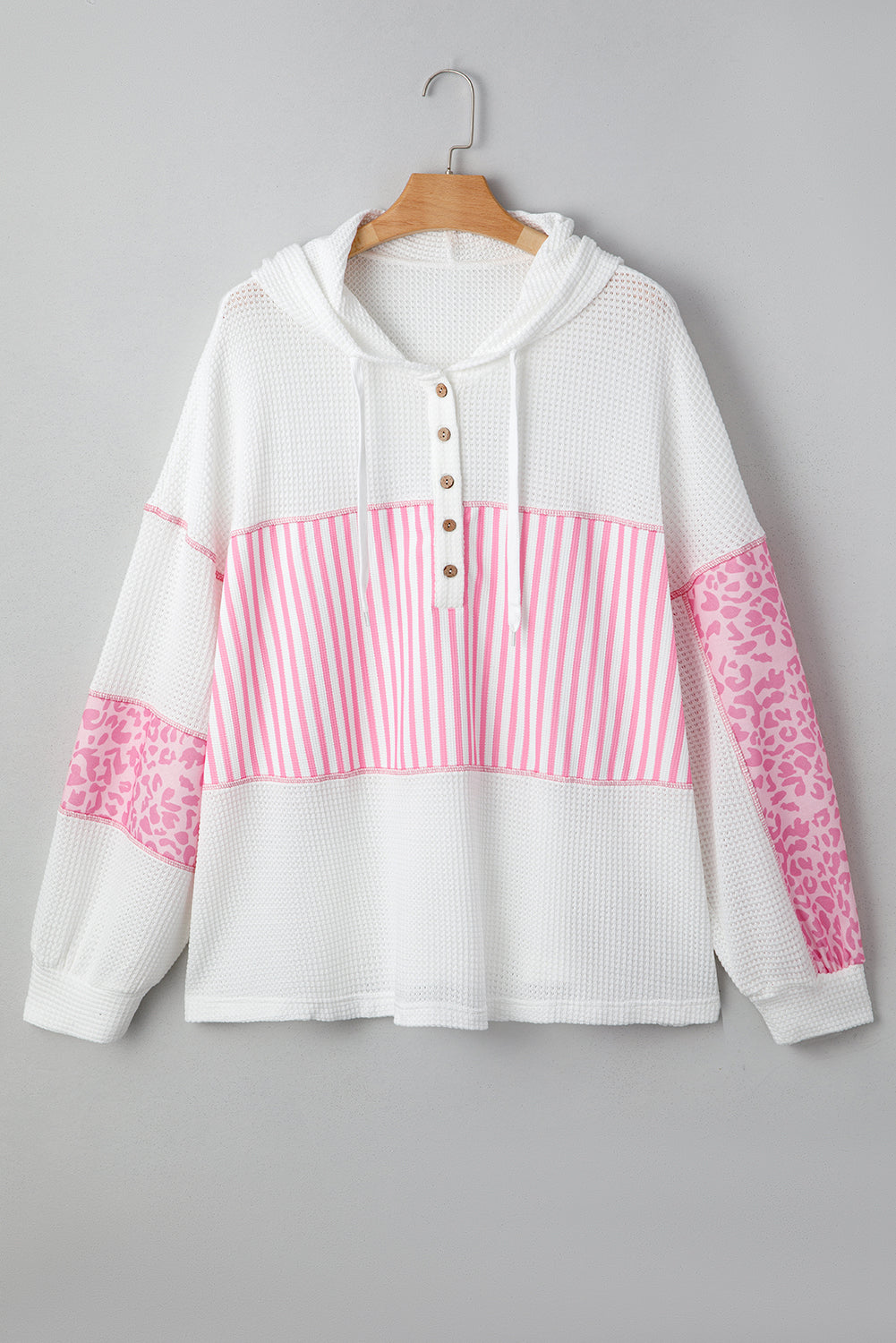 Pink Stripe Leopard Patchwork Waffle Knit Buttoned Plus Size Hoodie