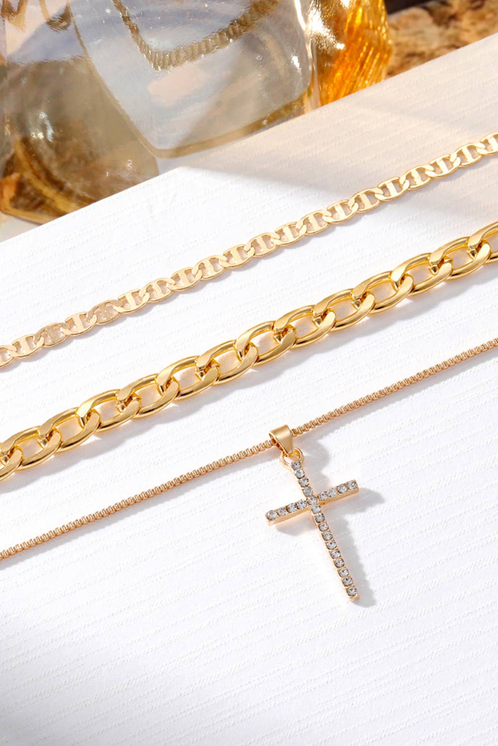 Plated Cross Pendant Multi Layer Stacked Chains Necklace