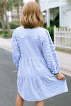 Sky Blue Stripe Seersucker Textured Notched Neck Long Puff Sleeve Tiered Curvy Dress
