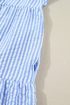Sky Blue Stripe Seersucker Textured Notched Neck Long Puff Sleeve Tiered Curvy Dress