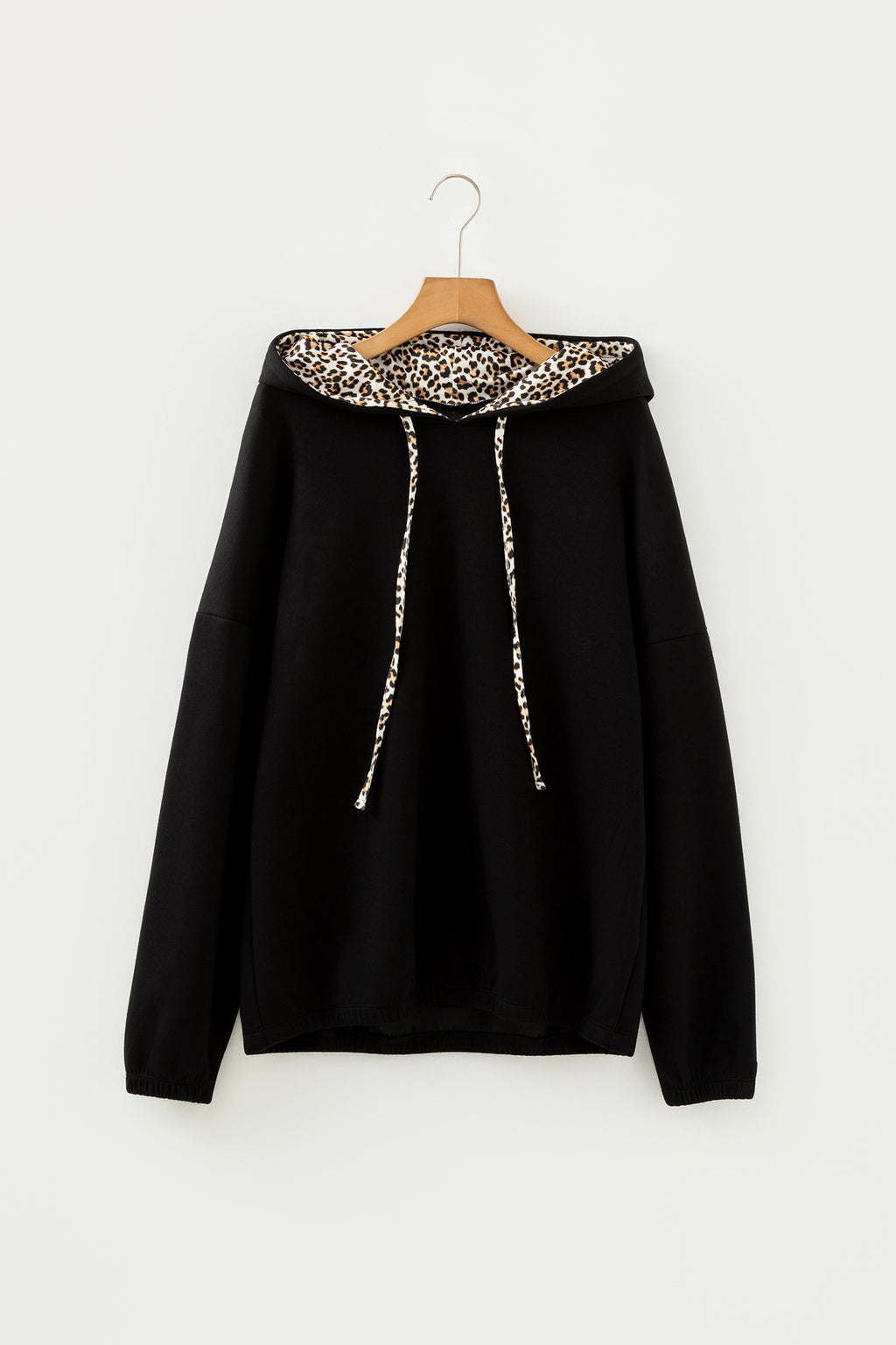 Black Leopard Contrast Drawstring Hood Drop Shoulder Loose Top