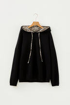 Black Leopard Contrast Drawstring Hood Drop Shoulder Loose Top