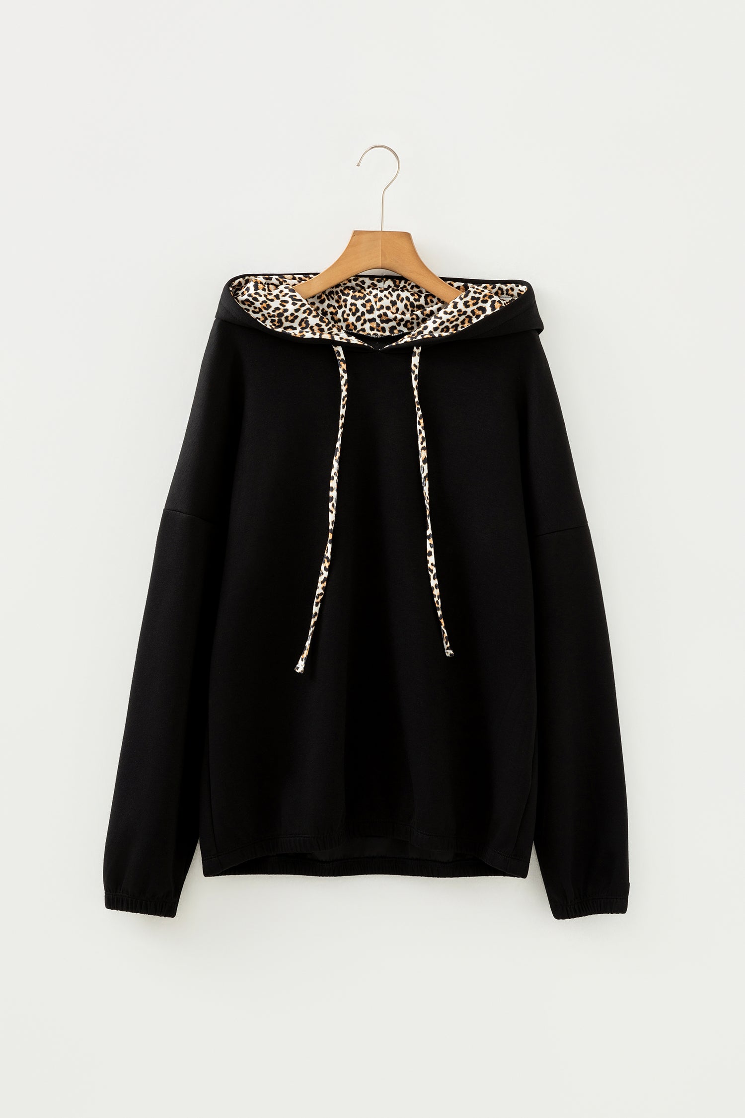 Black Leopard Contrast Drawstring Hood Drop Shoulder Loose Top