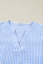 Sky Blue Stripe Seersucker Textured Notched Neck Long Puff Sleeve Tiered Curvy Dress